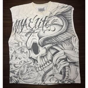 Vintage MMA Elite Shirt Mens XL White Skull Graphic Muscle Tee Trashed